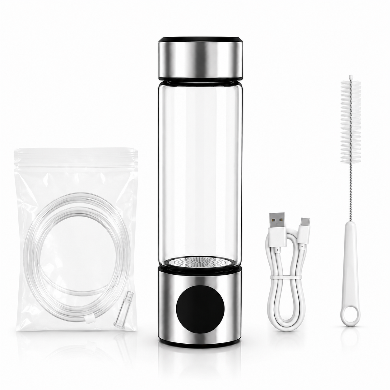 A clear glass water bottle with a stainless steel base and lid, shown with a clear transfer tube in a plastic bag, a white USB charging cable, and a white cleaning brush on a white background.